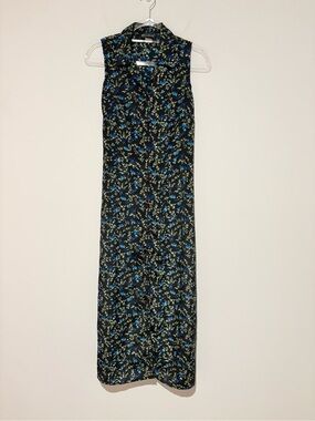 Elisabeth vintage floral button front sleeveless maxi shirt dress black blue 10